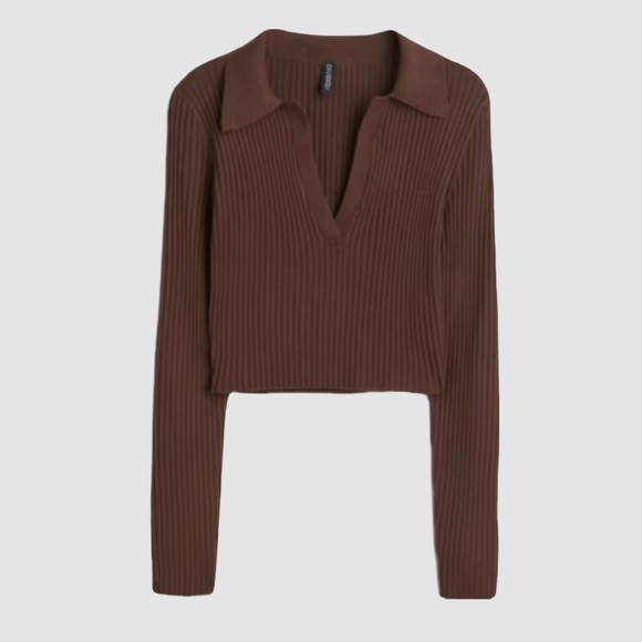 Brown H&M Ribbed V-Neck Top with Collar - Picture 1 of 1